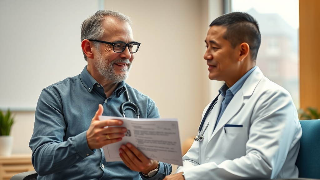 In-office orthopedic services FAQ: orthopedic doctor consulting patient and discussing insurance and treatment options