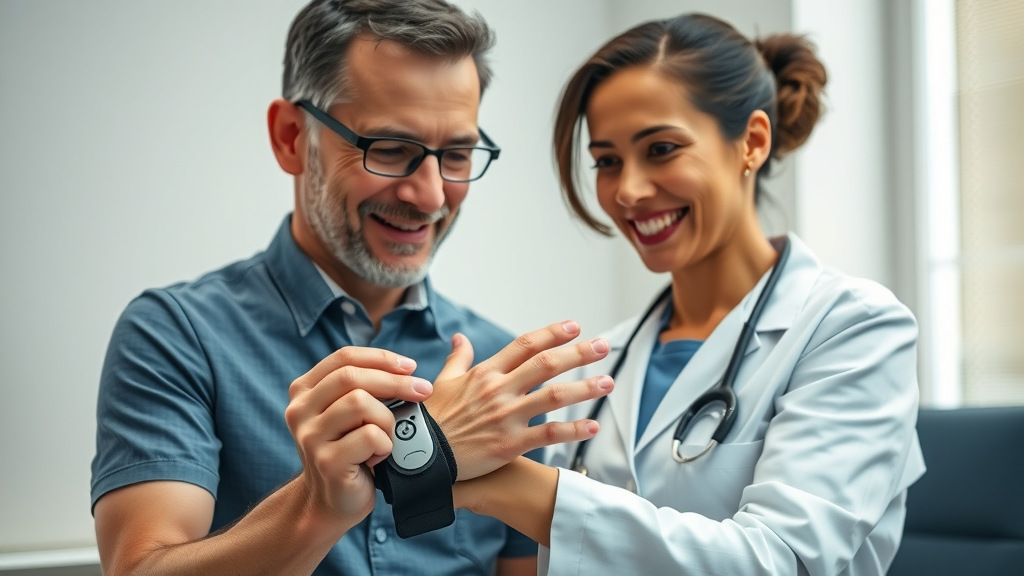 Orthopedic specialist applying a wrist brace in clinical setting, showing a benefit of conservative orthopedic treatment