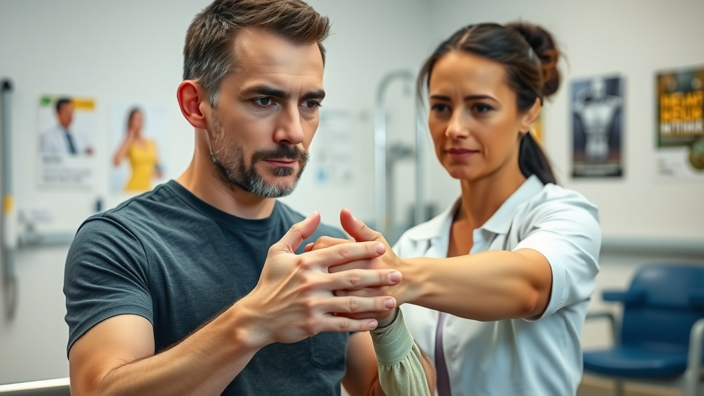 Patient engaged in conservative vs surgical orthopedic treatment undergoing hand therapy in a modern physical therapy clinic