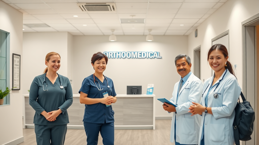 In-office orthopedic services FAQ: inviting modern orthopedic medical office lobby with welcoming staff and patients checking in