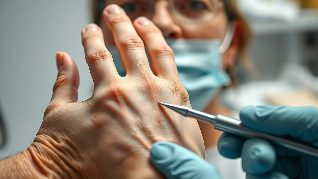 Patient undergoing in-office minor orthopedic procedure for trigger finger