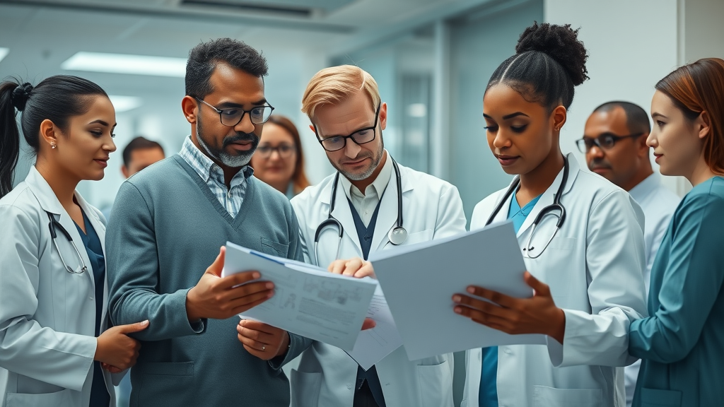 diverse healthcare professionals collaborating, expressions of focus and empathy, reviewing personalized patient files, Cinematic, modern medical office with diverse team members, highly detailed, subtle motion as papers shift, cool neutral colors, diffused office lighting, shot with a wide-angle lens. Personalized care