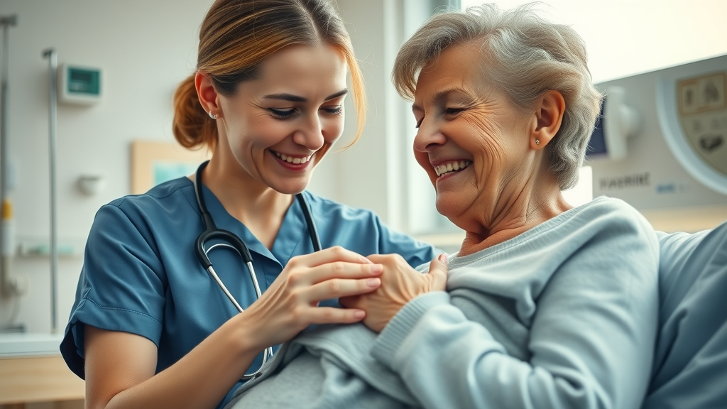 warm-hearted nurse gently comforting an elderly patient, both smiling calmly, gentle touch, Photorealistic High Fidelity Lifelike, hospital room with soft natural light and medical equipment, highly detailed, subtle movement as the nurse adjusts the blanket, natural skin tones, soft daylight, shot with an 85mm lens. Provide compassionate and individualized care