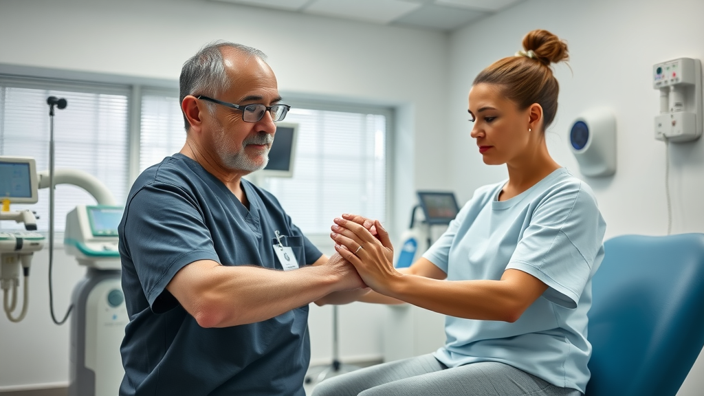 Patient receiving physical therapy in a detailed orthopedic clinic room illustrating conservative orthopedic treatment methods