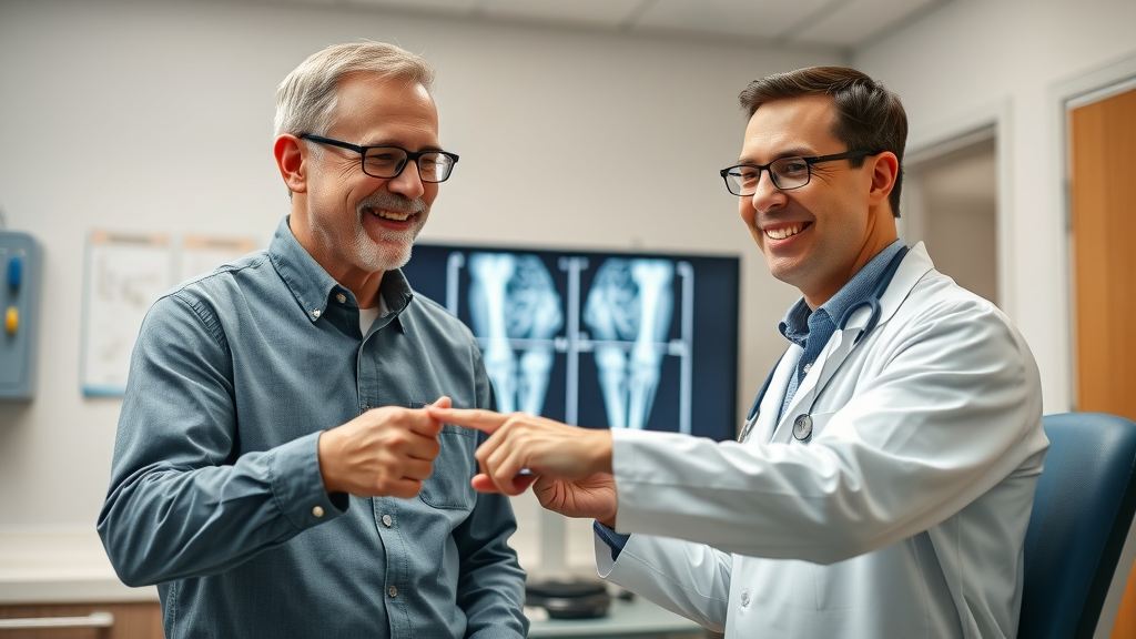 Orthopedic specialist consulting patient using digital screen with joint x-rays to explain conservative orthopedic treatment
