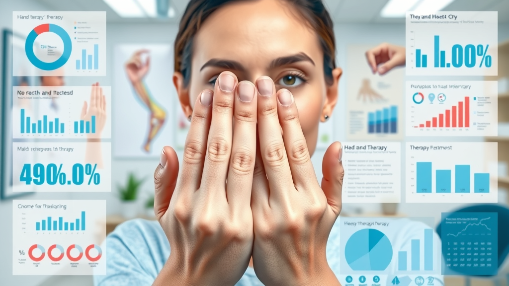 In-office hand therapy statistics and impact charts in a modern medical office