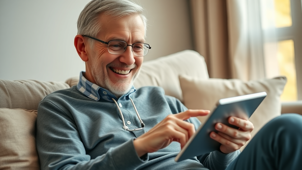 Tech-savvy elderly patient using digital patient portal on tablet to manage orthopedic insurance partnerships
