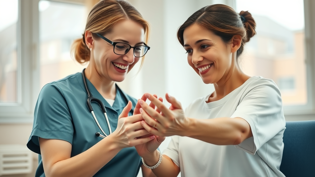 Nurse assisting patient during hand therapy at an orthopedic clinic, highlighting benefits of orthopedic insurance partnerships