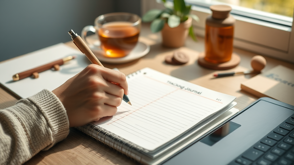 person recording arthritis pain relief progress in a journal with exercise tools for joint pain in background