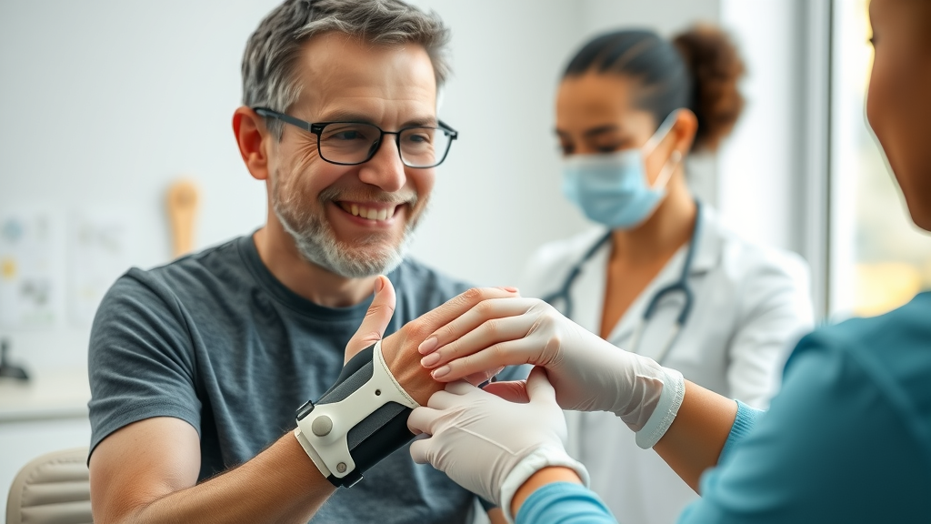 Patient smiling while therapist applies a custom wrist orthotic brace during in-office hand therapy