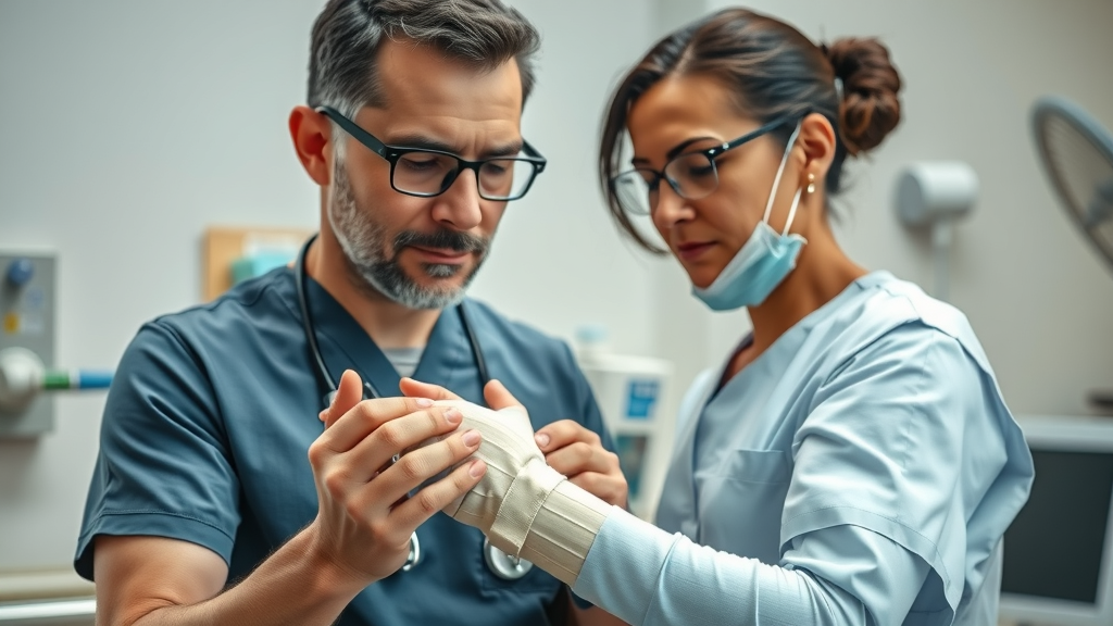 Orthopedic specialist applying a cast to patient’s arm in clinical setting