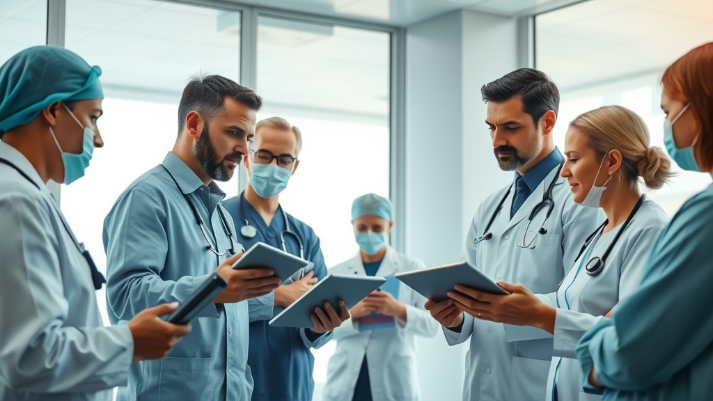 Medical professionals collaborating in orthopedic surgery center conference room