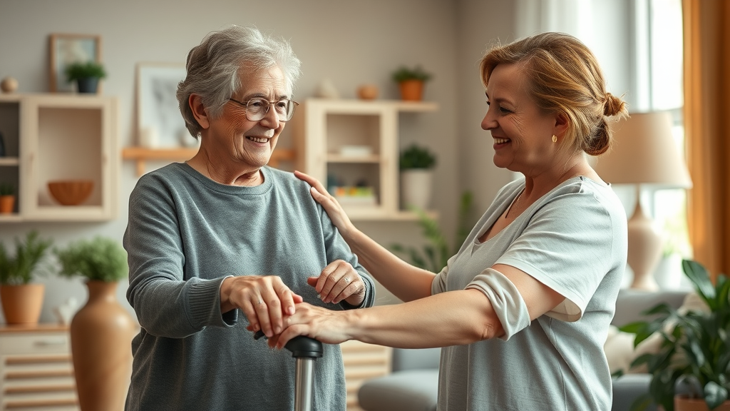gentle caregiver assisting a patient with daily activities, both showing appreciative smiles, helping with mobility, Photorealistic High Fidelity Lifelike, homely environment with ambient decor, highly detailed, movement as patient stands from chair, warm earth tones, soft window light, shot with a 55mm lens. Compassion and care for others