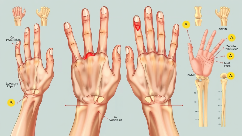 medical illustration of arthritic hands showing types of arthritis and joint pain