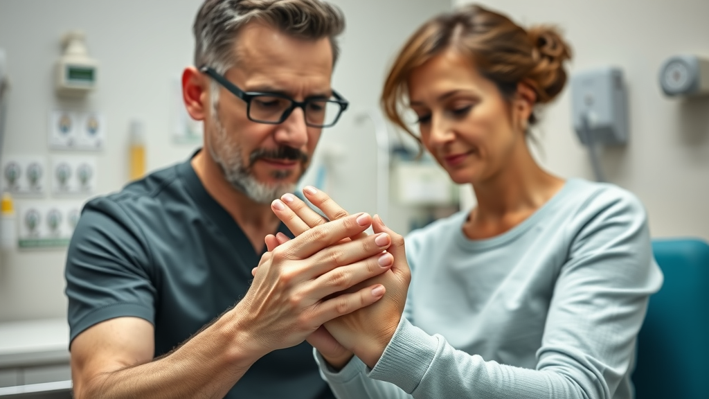 Certified hand therapist demonstrating hand exercises to patient during in-office hand therapy session