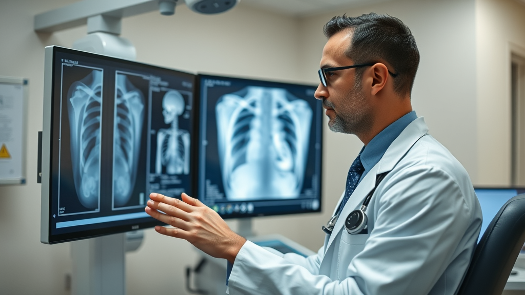 Professional radiologist reviewing X-ray images on digital screen in orthopedic clinic