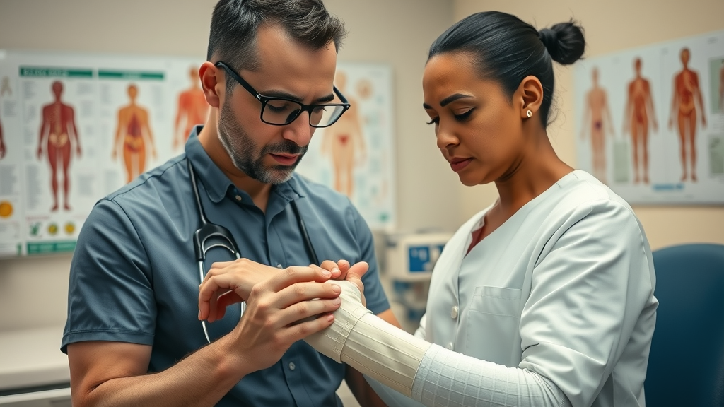 Orthopedic specialist applying a cast using in-office orthopedic imaging guidance