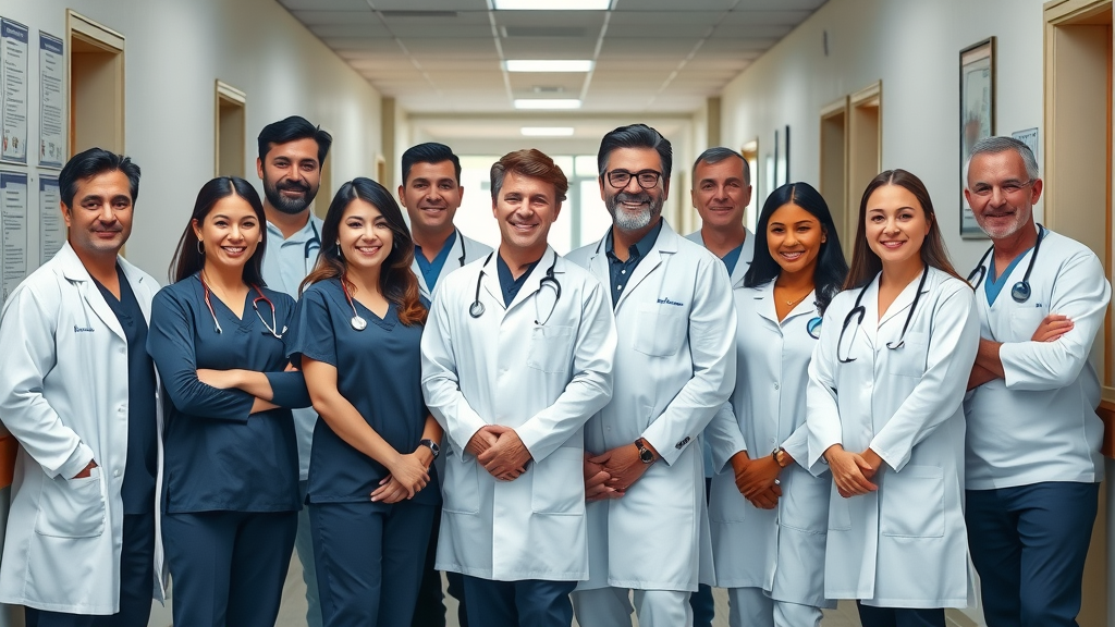 Diverse team of top orthopedic surgeons DentonHand.com in hospital corridor, friendly and relaxed, navy blue and white attire