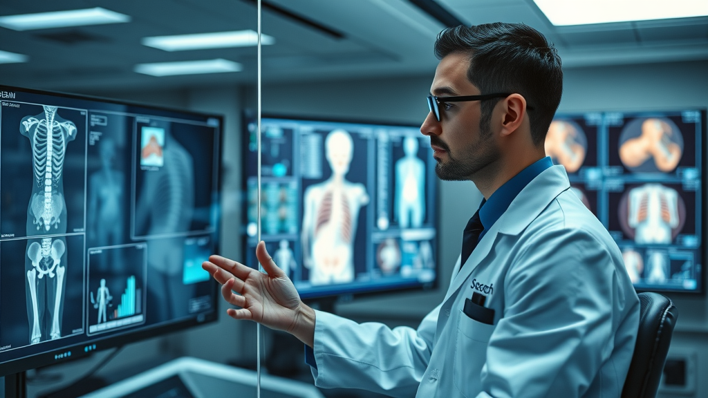 Technician monitoring advanced in-office orthopedic imaging scans in clinical control room