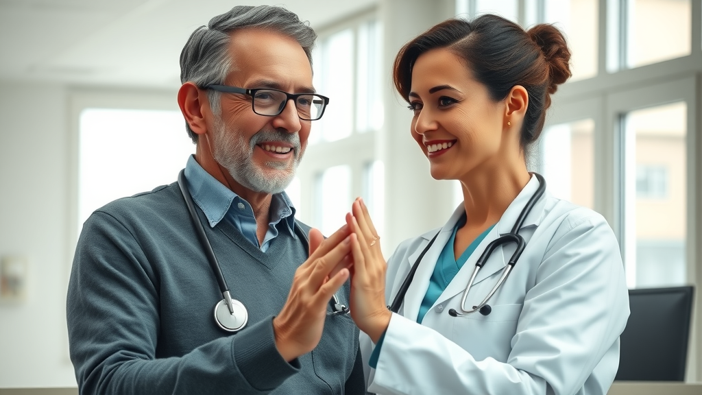 uplifting patient-doctor interaction, both showing expressions of hope and trust, doctor encouraging patient by holding hand, Photorealistic High Fidelity Lifelike, hospital or clinic environment with bright window views, highly detailed, sense of connection between doctor and patient, neutral tones, natural indoor lighting, shot with a 50mm lens. Compassionate care