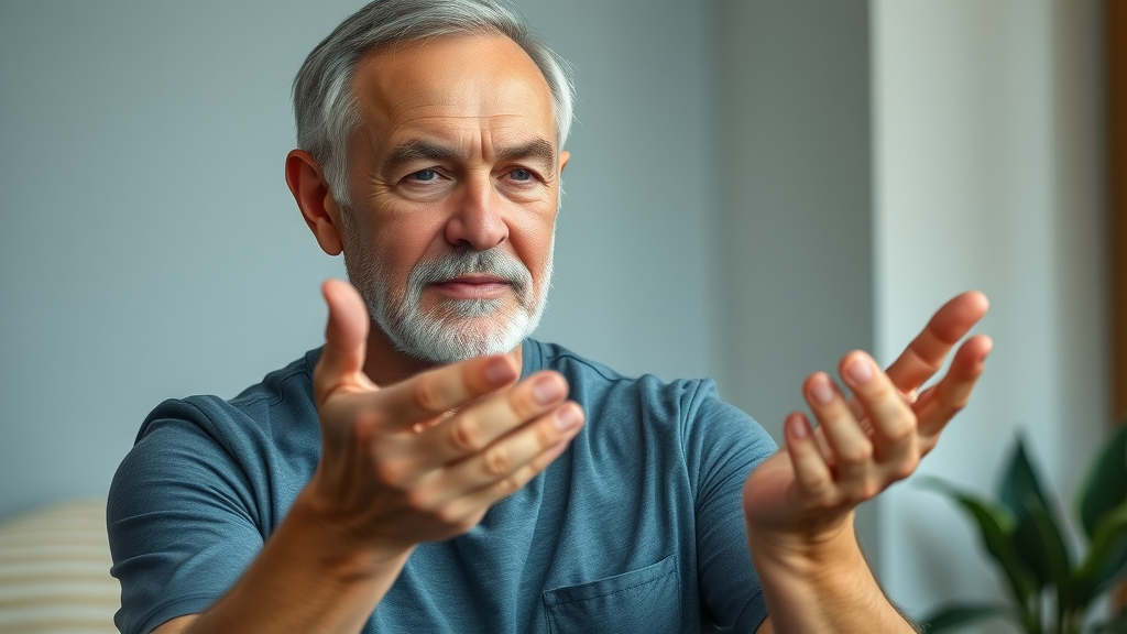 senior man performing wrist circles at home for joint pain and arthritis pain relief