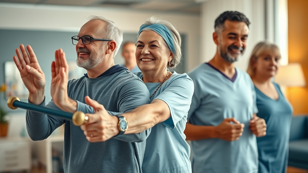 Orthopedic patients recovering through both conservative and surgical orthopedic treatment in therapy and rehabilitation