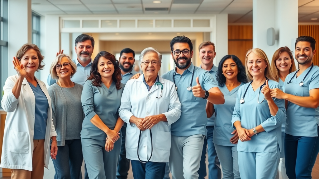 Diverse group of patients and staff celebrating successful orthopedic care through insurance partnerships