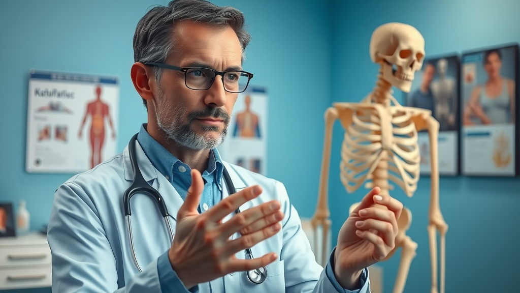 Professional doctor explaining orthopedic vs orthopaedic differences with anatomy model