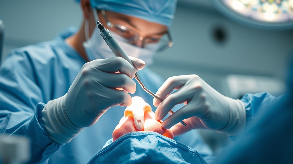 Surgeon performing minimally-invasive orthopedic procedure in sterile medical room