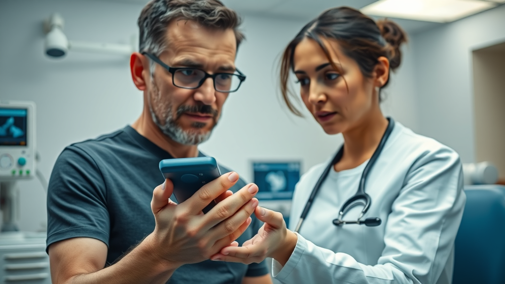 Therapist demonstrating ultrasound device to patient during hand therapy evaluation in medical clinic