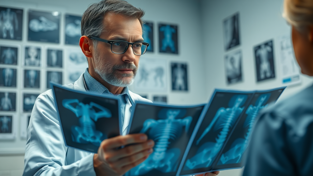 Orthopedic surgeon thoughtfully evaluating x-ray images discussing minimally invasive orthopedic surgery challenges