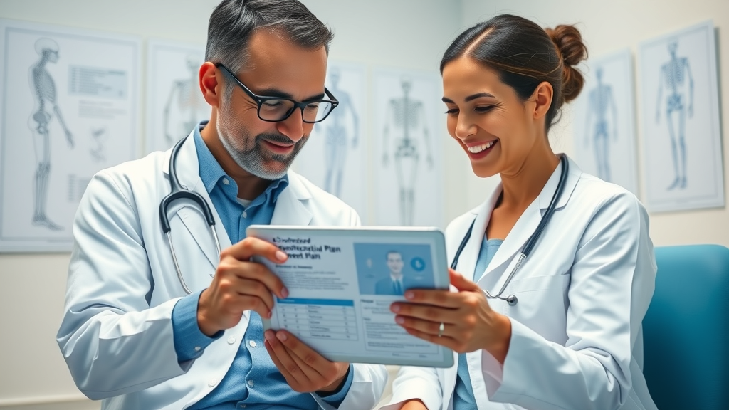Doctor and patient at DentonHand.com reviewing a custom orthopaedic surgery plan together, modern exam room, digital tablet with diagrams, blue and white lighting
