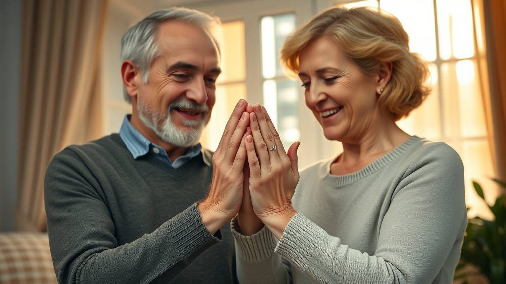 older couple gently warming up hands for arthritis pain relief at home