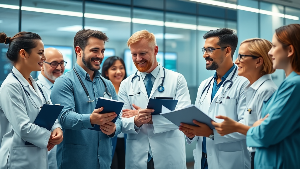 dynamic team of medical professionals collaborating, smiling and engaged in discussion, gestures of teamwork such as handshakes or pointing to a clipboard, Cinematic, modern conference room with digital displays, highly detailed, sense of energy and cooperation, deep blues and whites, crisp office lighting, shot with a 24mm lens. Compassionate healthcare teams