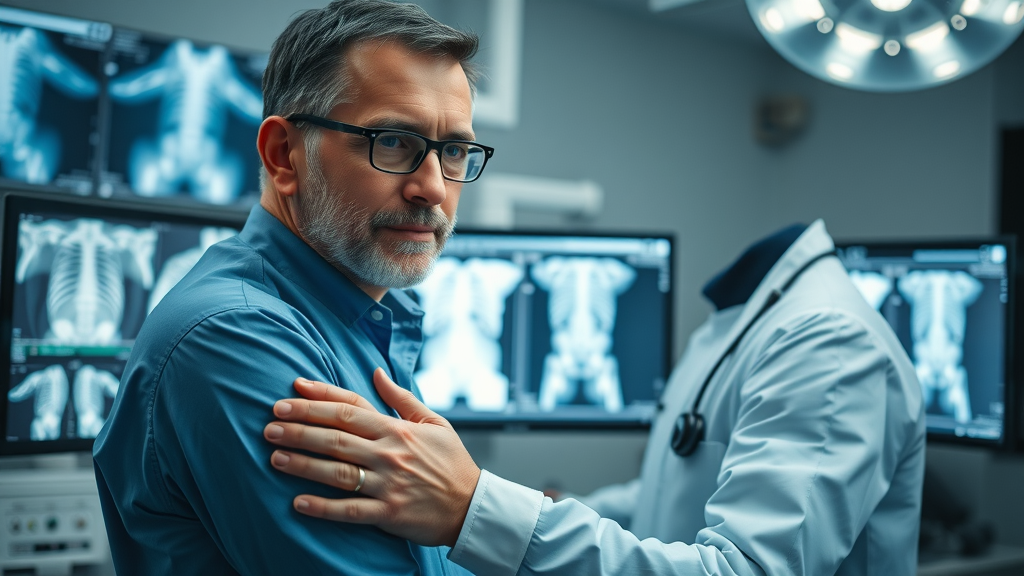 Orthopedic surgeon reviewing digital imaging screens to guide minimally invasive orthopedic surgery