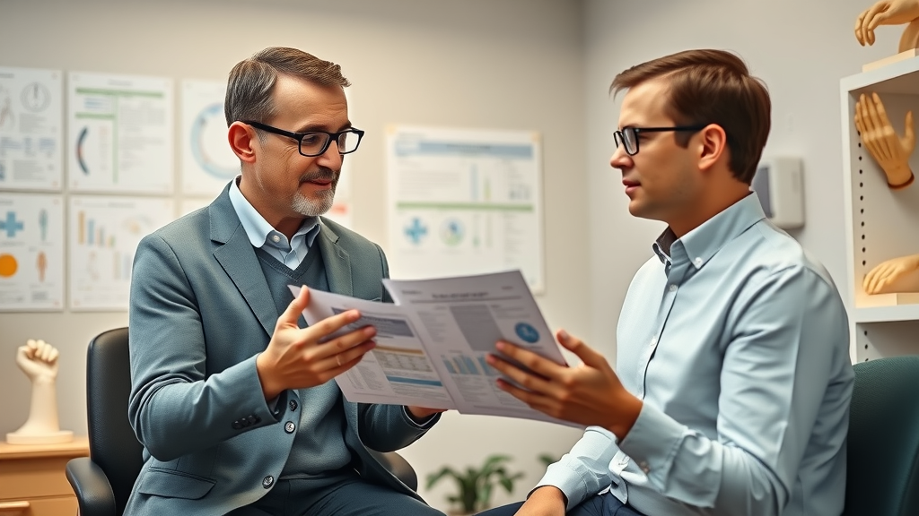 Professional hand therapist explaining personalized therapy plan to patient in consultation office