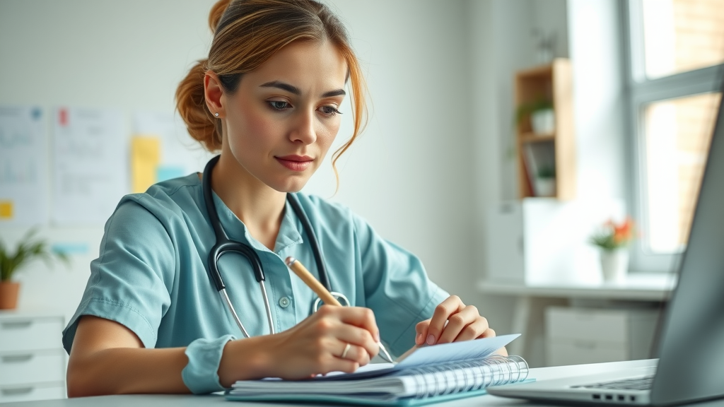 motivated healthcare worker writing tips for compassionate care on a notepad, thoughtful expression, sitting at desk in bright modern workspace, Cinematic, organized medical office background, highly detailed, subtle hand motion writing, light greens and whites, clear window light, shot with an 85mm lens. Steps to provide compassionate and individualized care