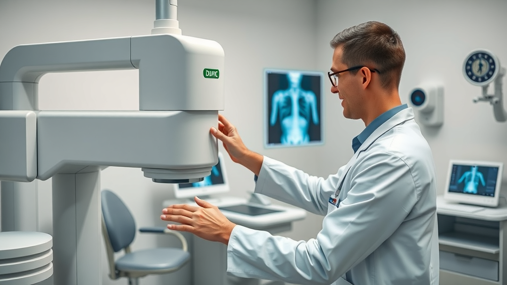 Professional technician operating in-office X-ray machine in a modern orthopedic clinic