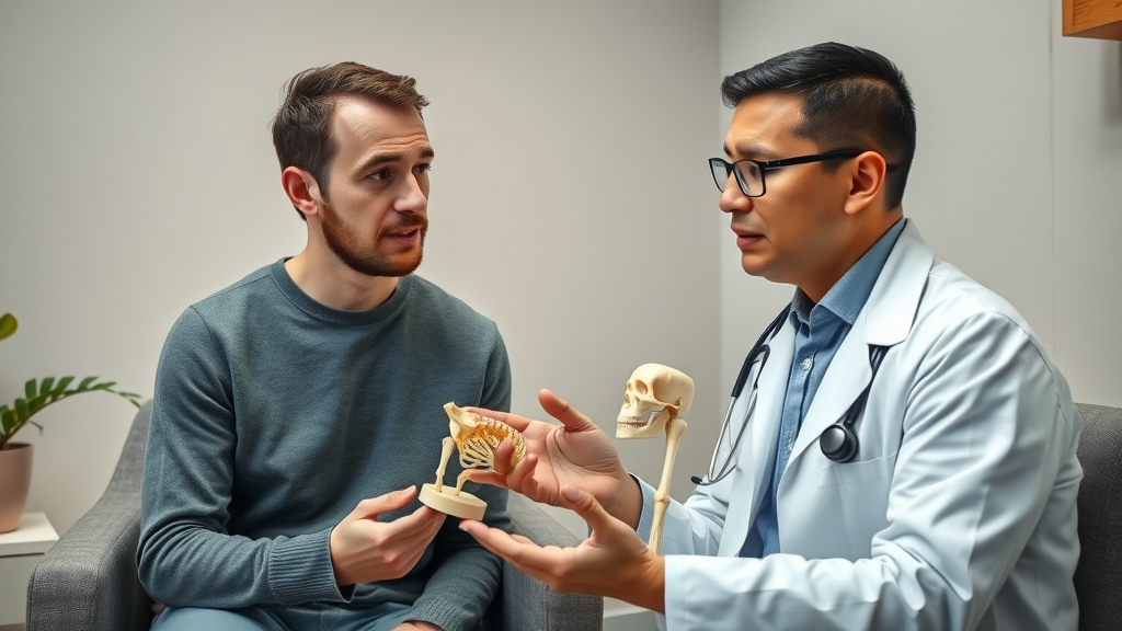 Inquisitive patient discussing orthopedic options with a doctor, highlighting awareness of conservative orthopedic treatment myths