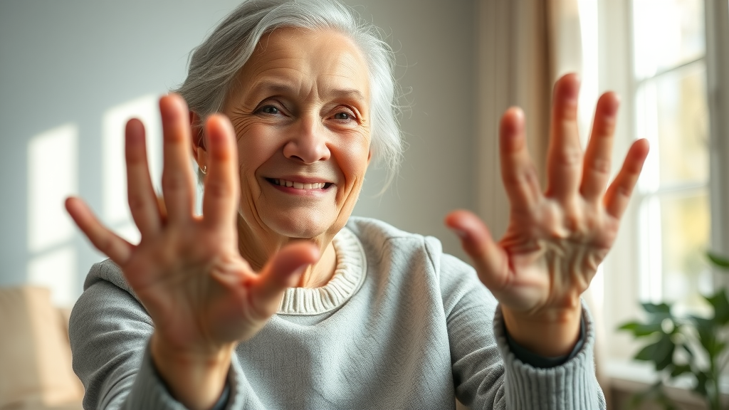 elderly woman stretching fingers and hands for arthritis pain relief in a cozy living room, at-home exercises