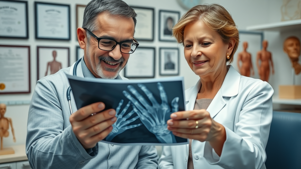 hand specialist reviewing x-ray for arthritis pain management with older patient in clinic