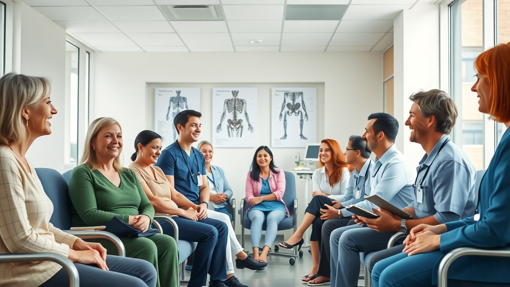 Bright modern orthopedic clinic waiting room showing patients benefiting from in-office orthopedic imaging