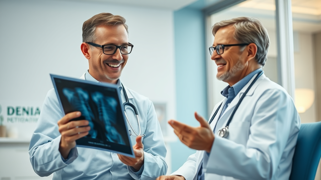 Comprehensive orthopedic care: cheerful orthopedic specialist discussing x-ray with patient