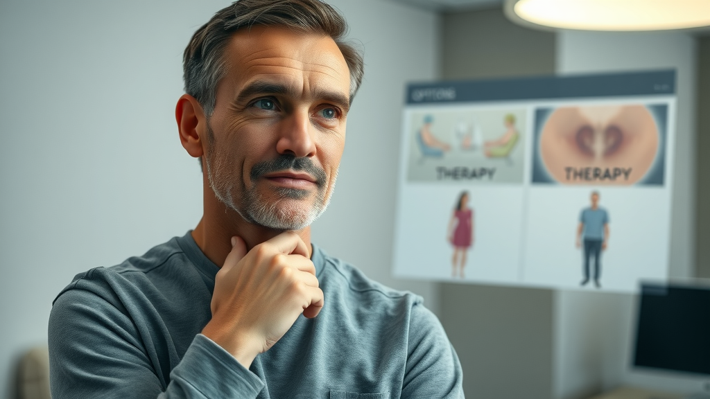 Patient reflecting on choices between conservative vs surgical orthopedic treatment in a modern clinical setting